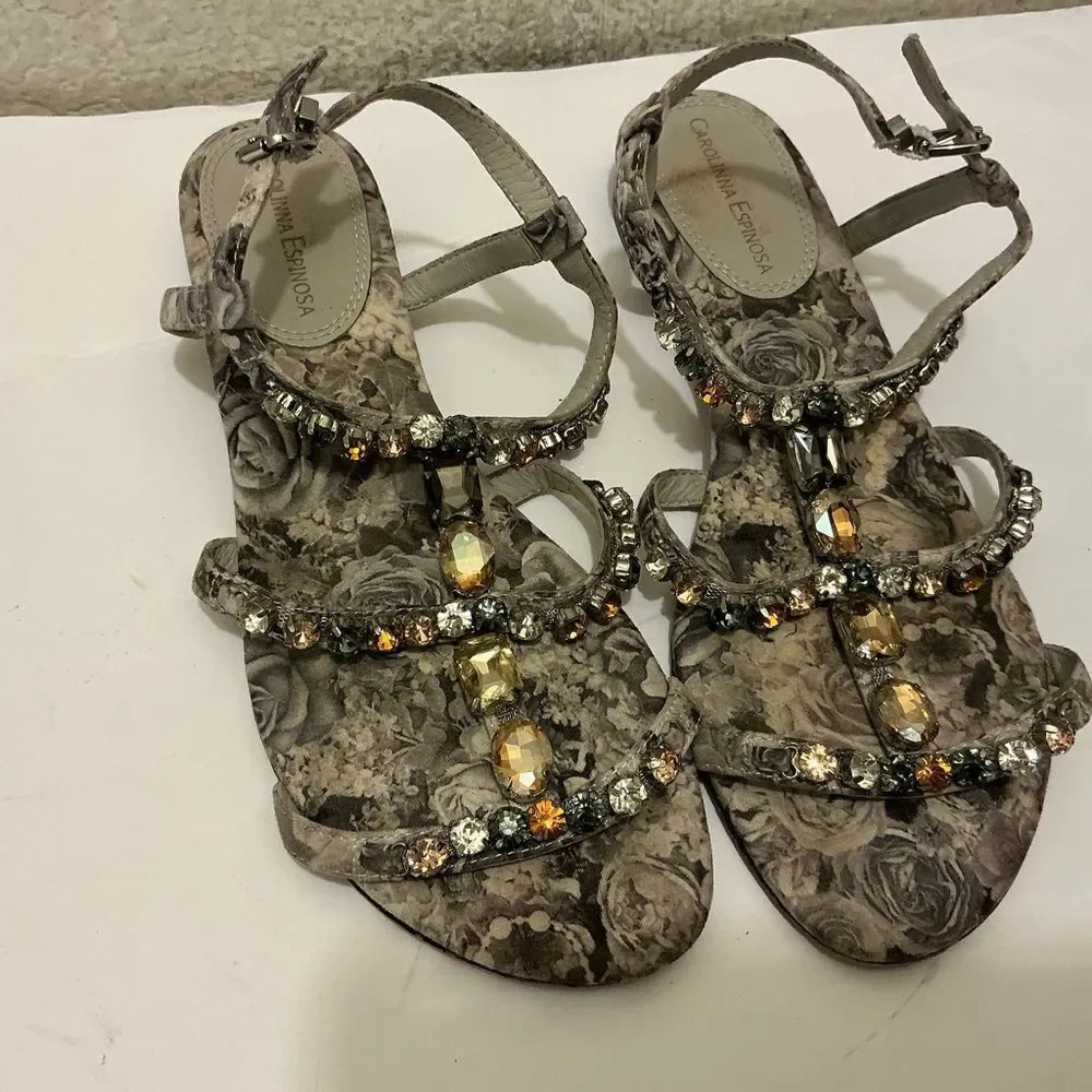Carolina Espinosa Floral Gray Sandals with Embellishments 8M